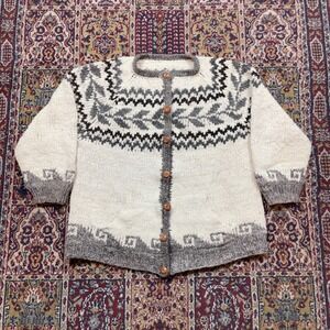 VTG 60s Hand Knit Wool Cardigan Fair Isle Alpine Cowichan Sweater Cream Grey XL